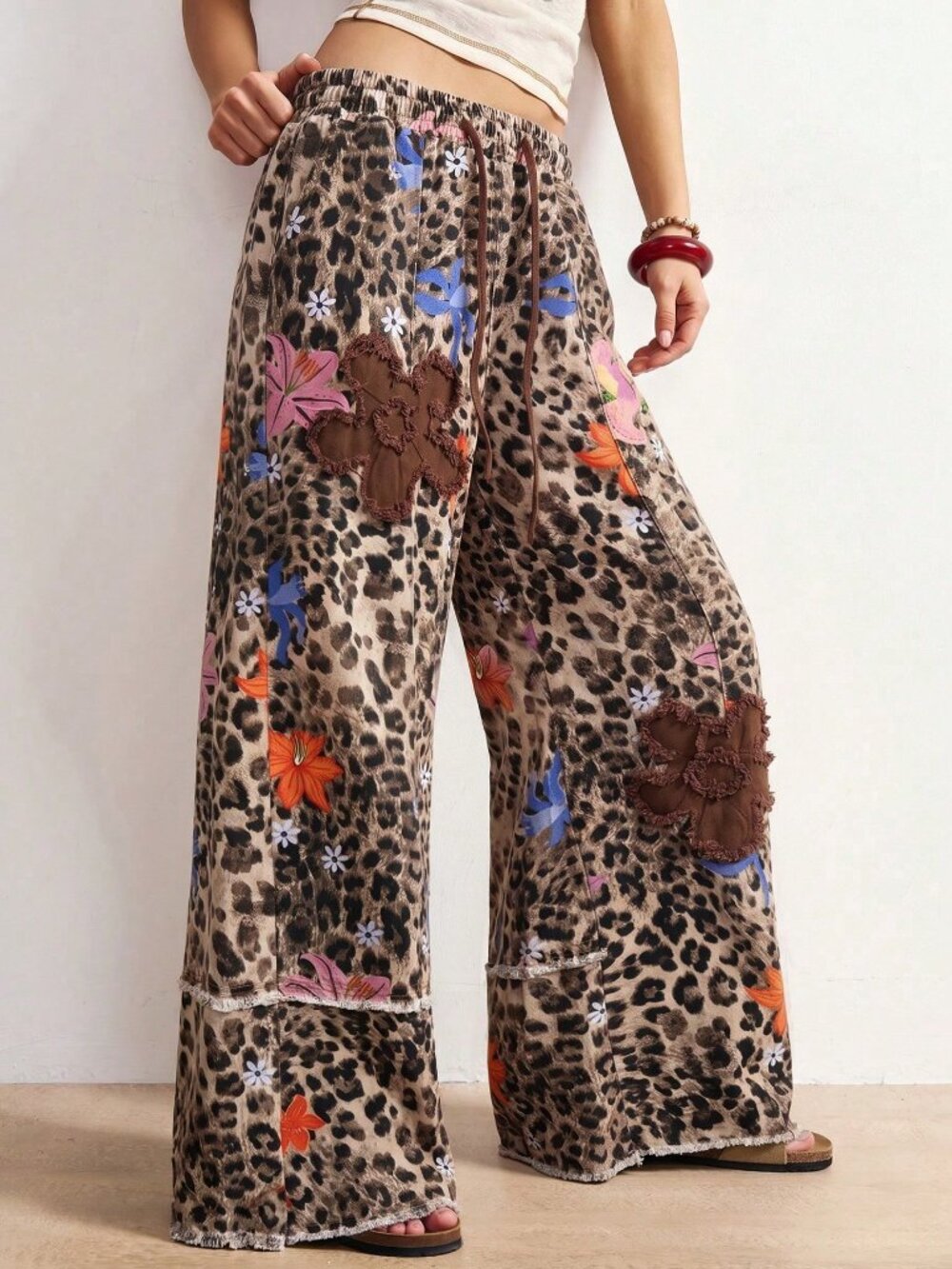 Khaki Casual Women's Vacation Boho Leopard Print Floral Wide Leg Long Pants - Picture 5 of 7